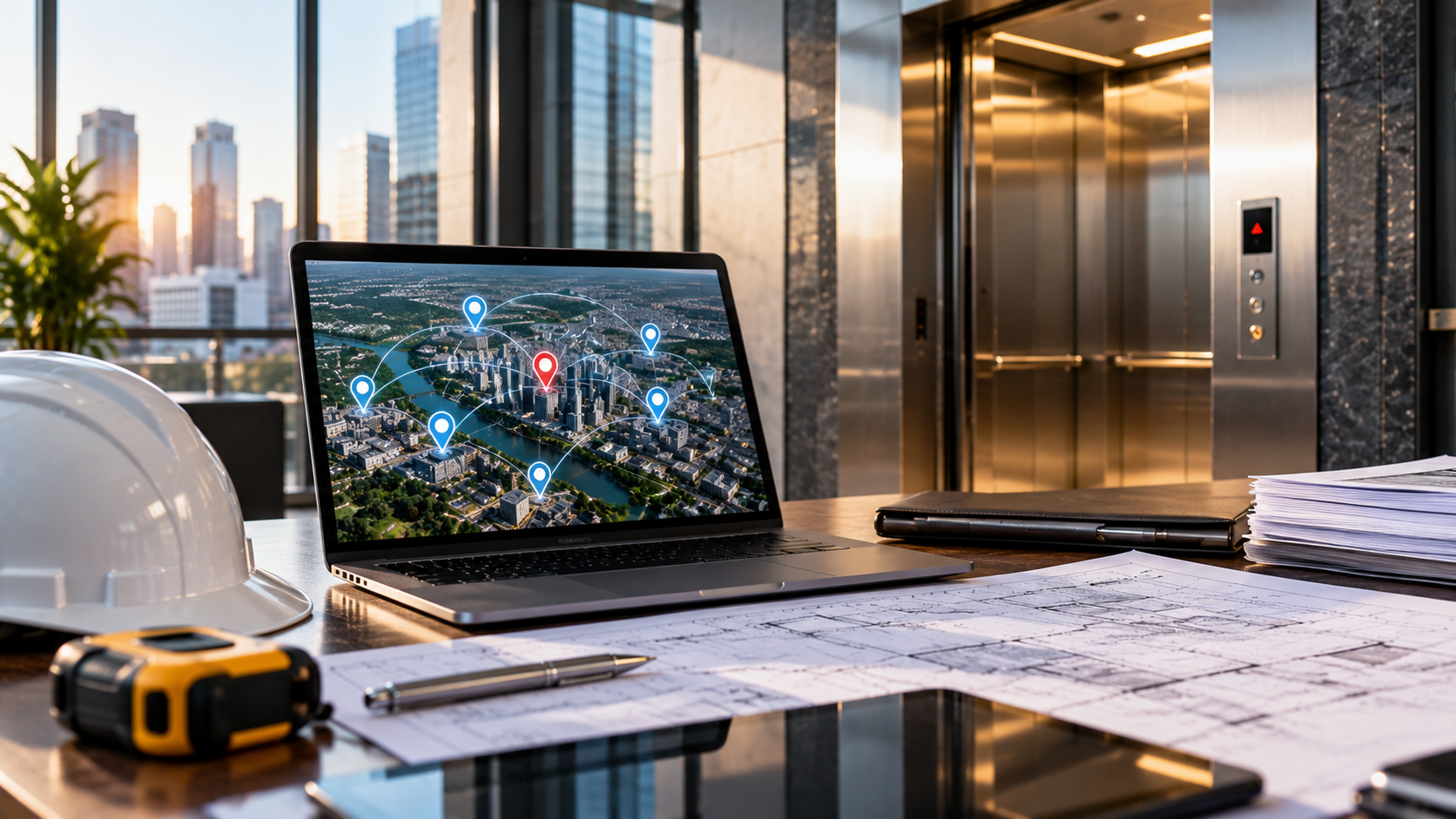 Commercial elevator audit workspace with laptop and city view